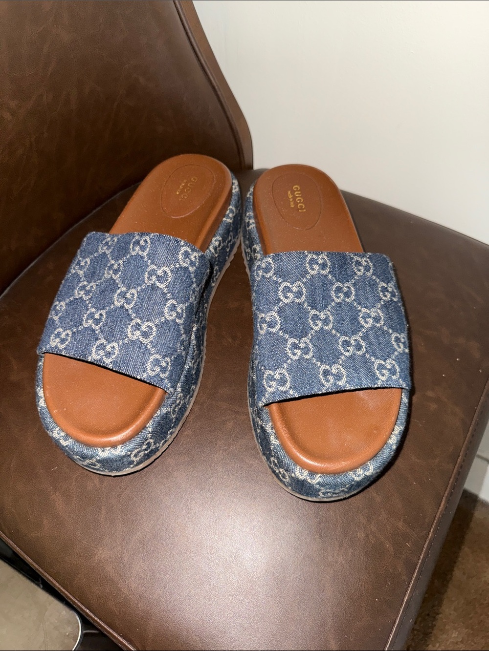Gucci Denim Monogram Platform Slide Mules in Blue and Brown